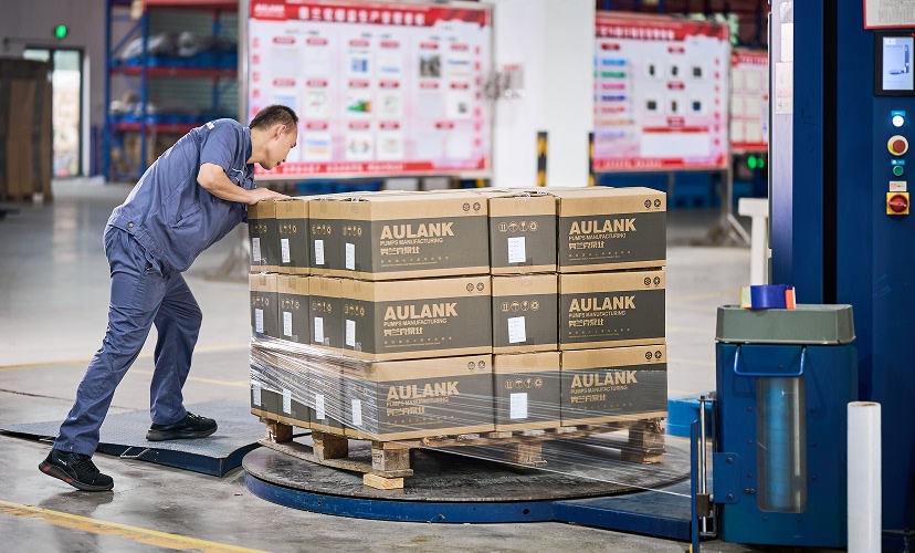 Finished industrial pump products and components stored in Aulank warehouse for organized shipment